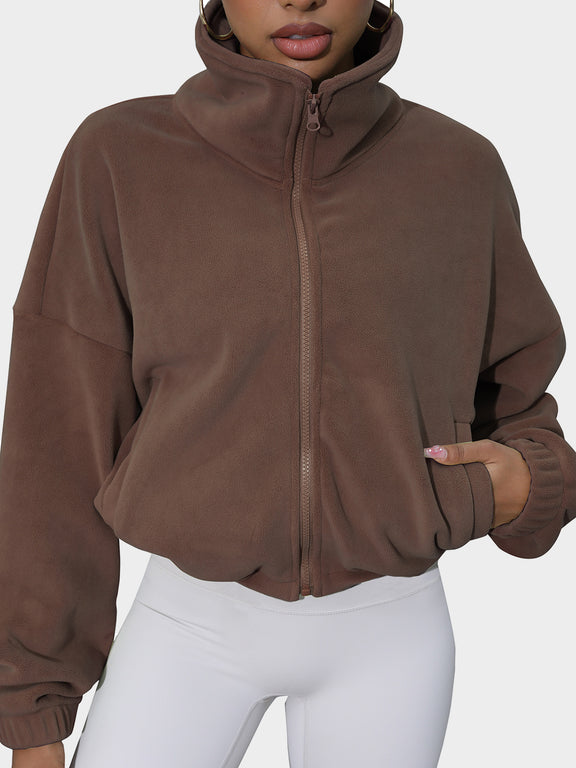 Drawstring Turtleneck Zip Up Long Sleeve Jacket Coffee Brown