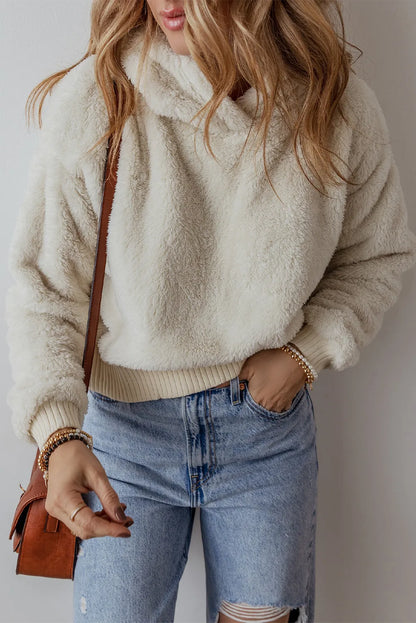 Fuzzy Dropped Shoulder Long Sleeve Hoodie Beige