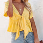 Tied Plunge Short Sleeve Blouse