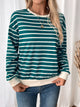 Perfee Striped Contrast Round Neck Long Sleeve Sweatshirt Turquoise