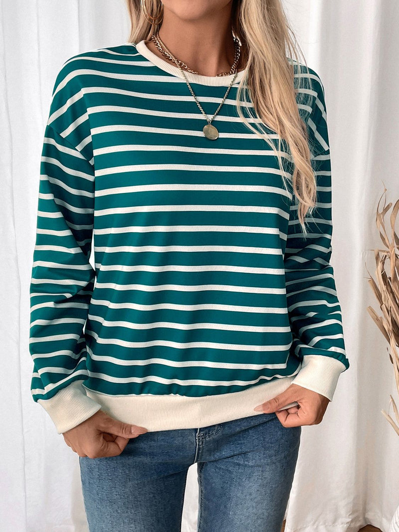Perfee Striped Contrast Round Neck Long Sleeve Sweatshirt Turquoise