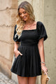Square Neck Pleated Romper with Pockets Black