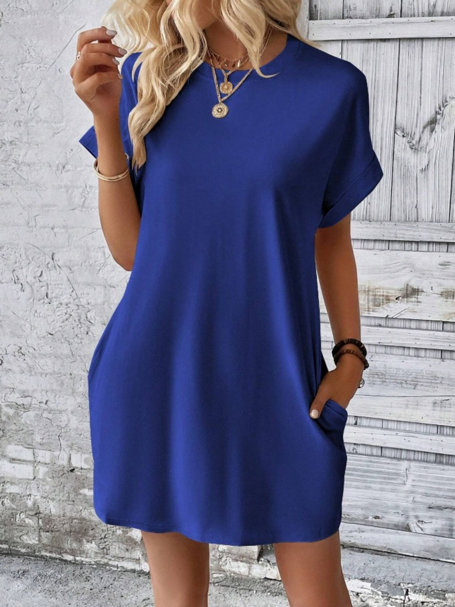 Pocketed Round Neck Short Sleeve Dress Dark Blue