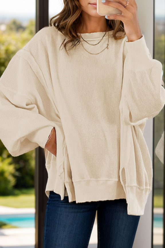 Slit Waffle-Knit Round Neck Long Sleeve Top Ivory