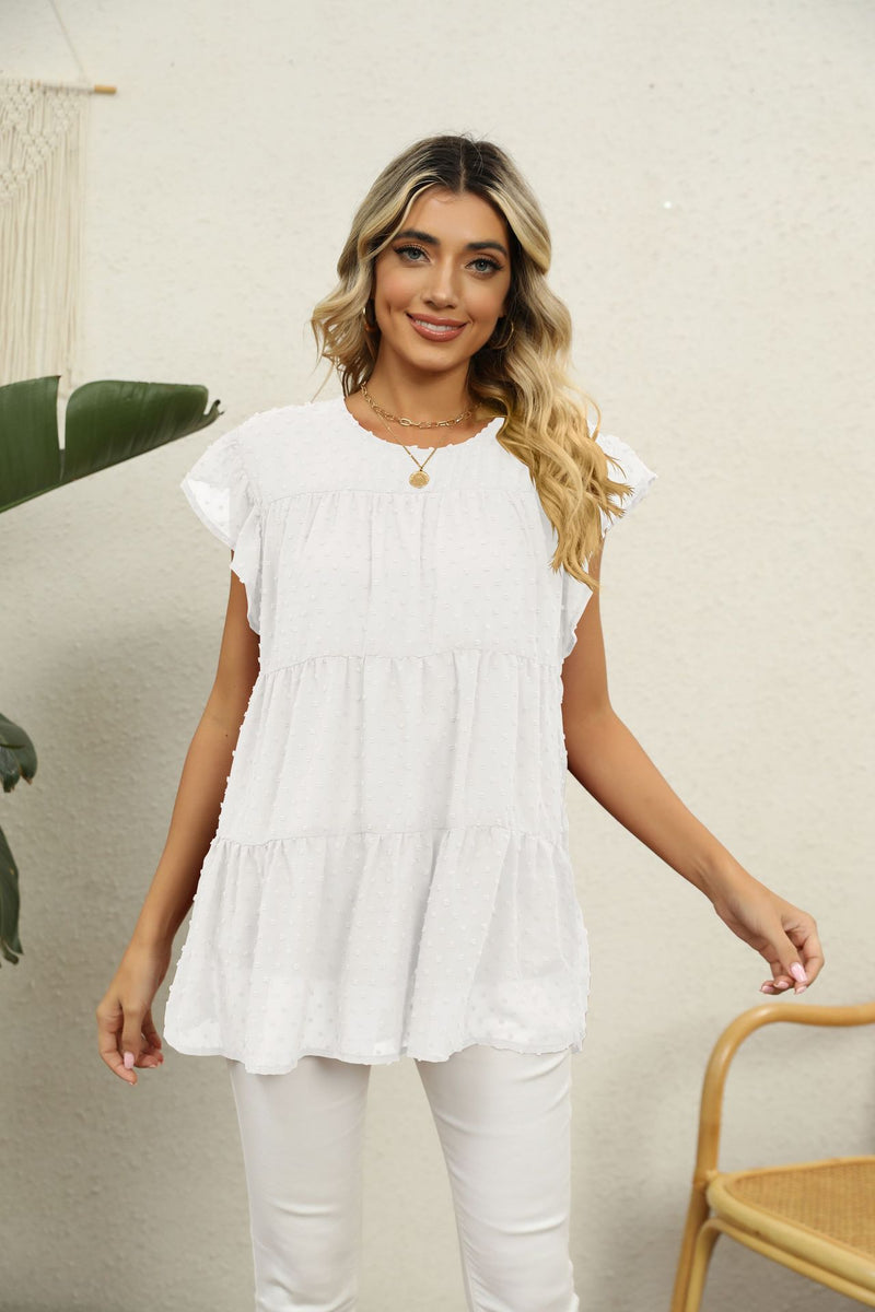 Swiss Dot Round Neck Tiered Blouse White