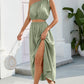 Ruched One Shoulder Top and Slit Skirt Set