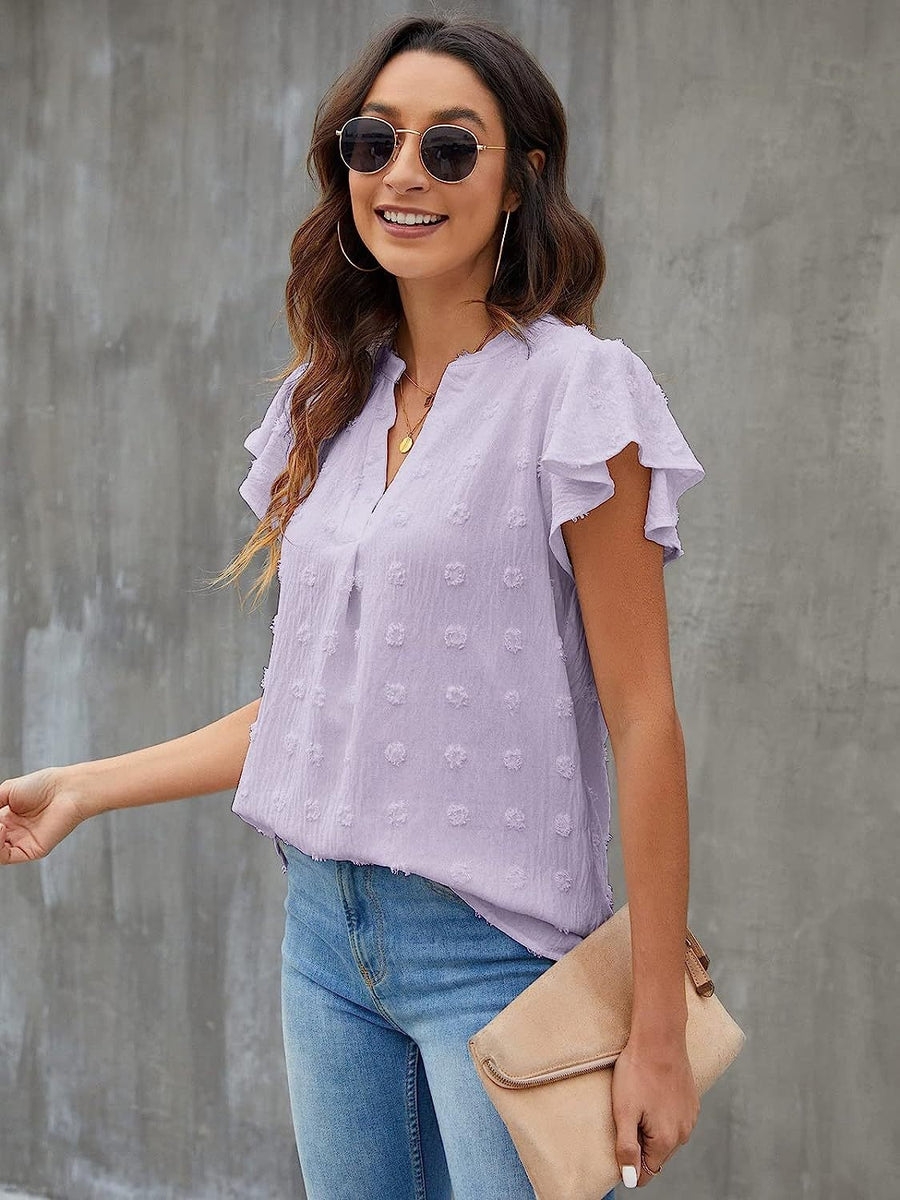 Swiss Dot Notched Cap Sleeve Blouse Lavender