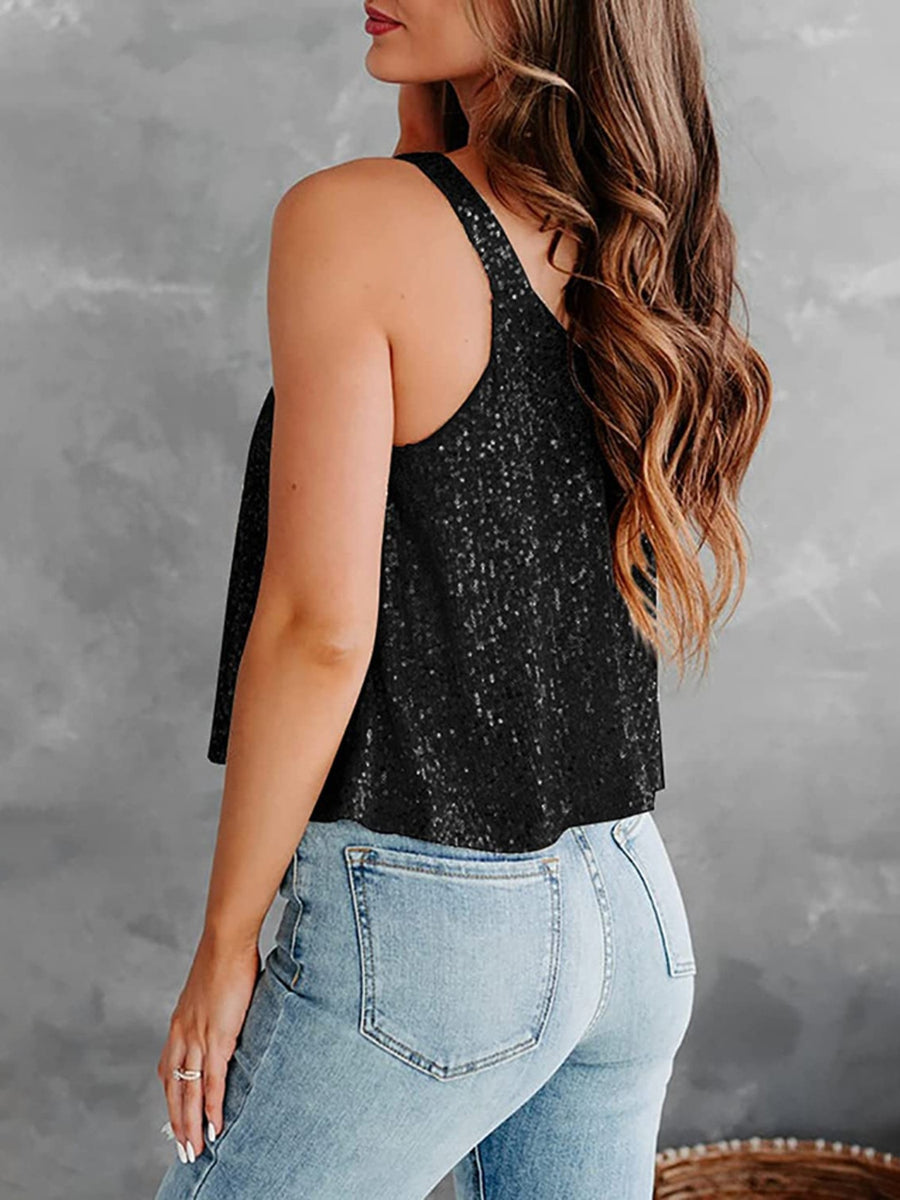 Sequin Scoop Neck Tank Black