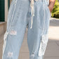 MeiMei Crochet Pocketed Distressed Drawstring Jeans