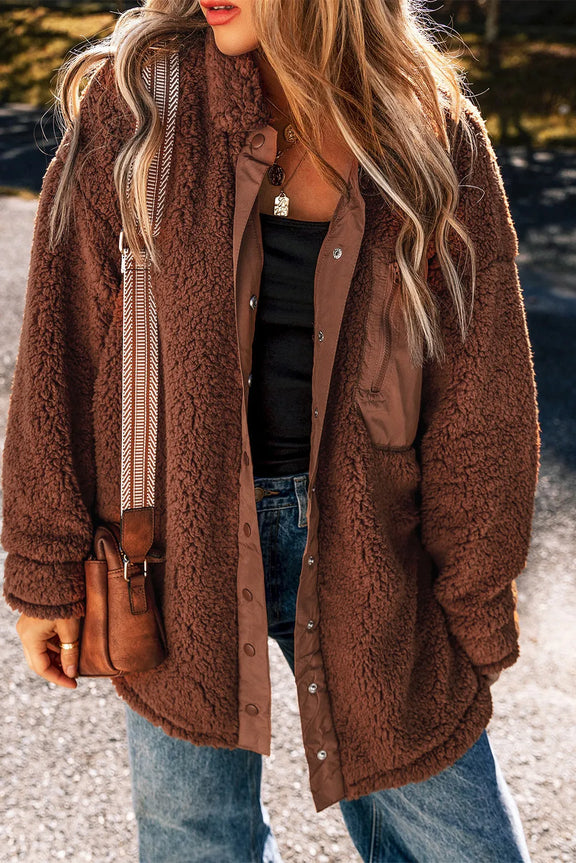 Fuzzy Snap Down Dropped Shoulder Jacket Brown