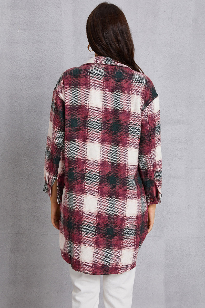 MeiMei Plaid Button Up Dropped Shoulder Coat with Pockets