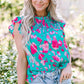 Full Size Ruffled Printed Mock Neck Cap Sleeve Blouse