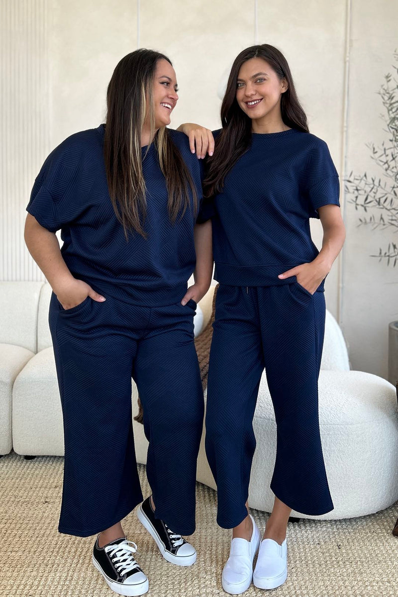 Double Take Full Size Texture Short Sleeve Top and Pants Set Navy