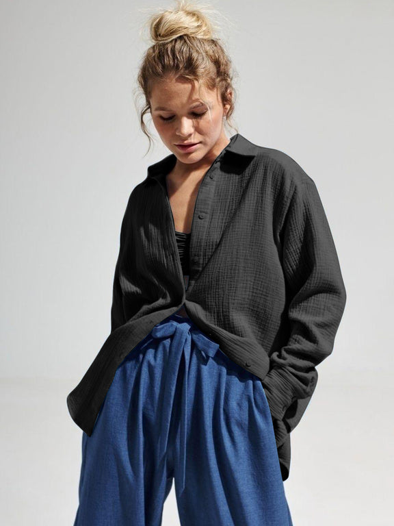 Textured Collared Neck Long Sleeve Shirt Black