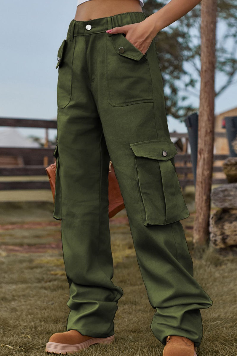 Loose Fit Long Jeans with Pockets Army Green