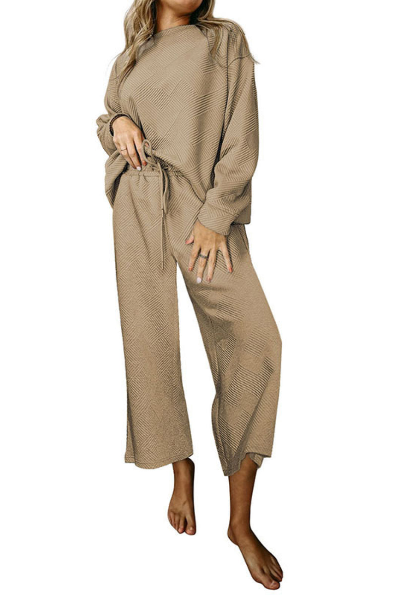 Dropped Shoulder Top and Pants Set Khaki