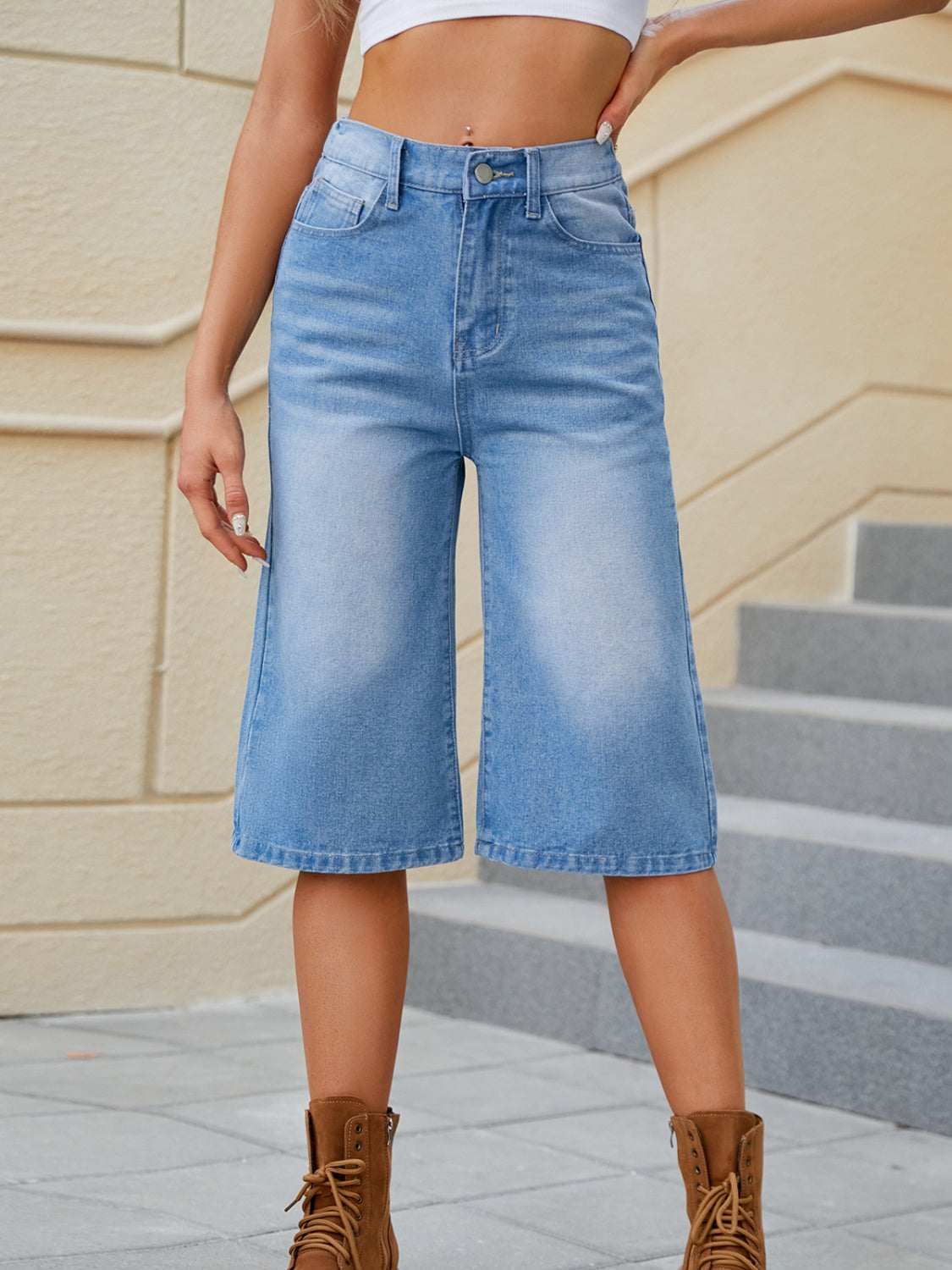 High Waist Denim Shorts with Pockets