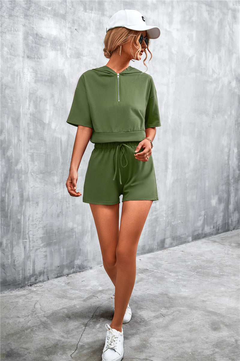 Half Zip Cropped Hooded T-Shirt and Shorts Set