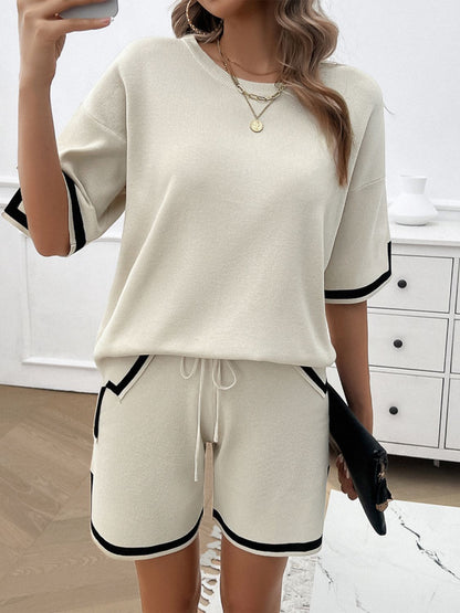 Contrast Trim Round Neck Top and Shorts Set