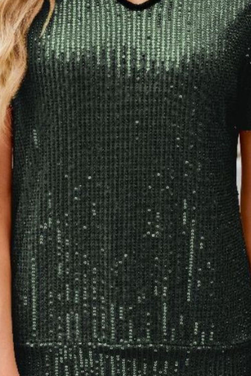 Sequin Cold Shoulder Short Sleeve Blouse