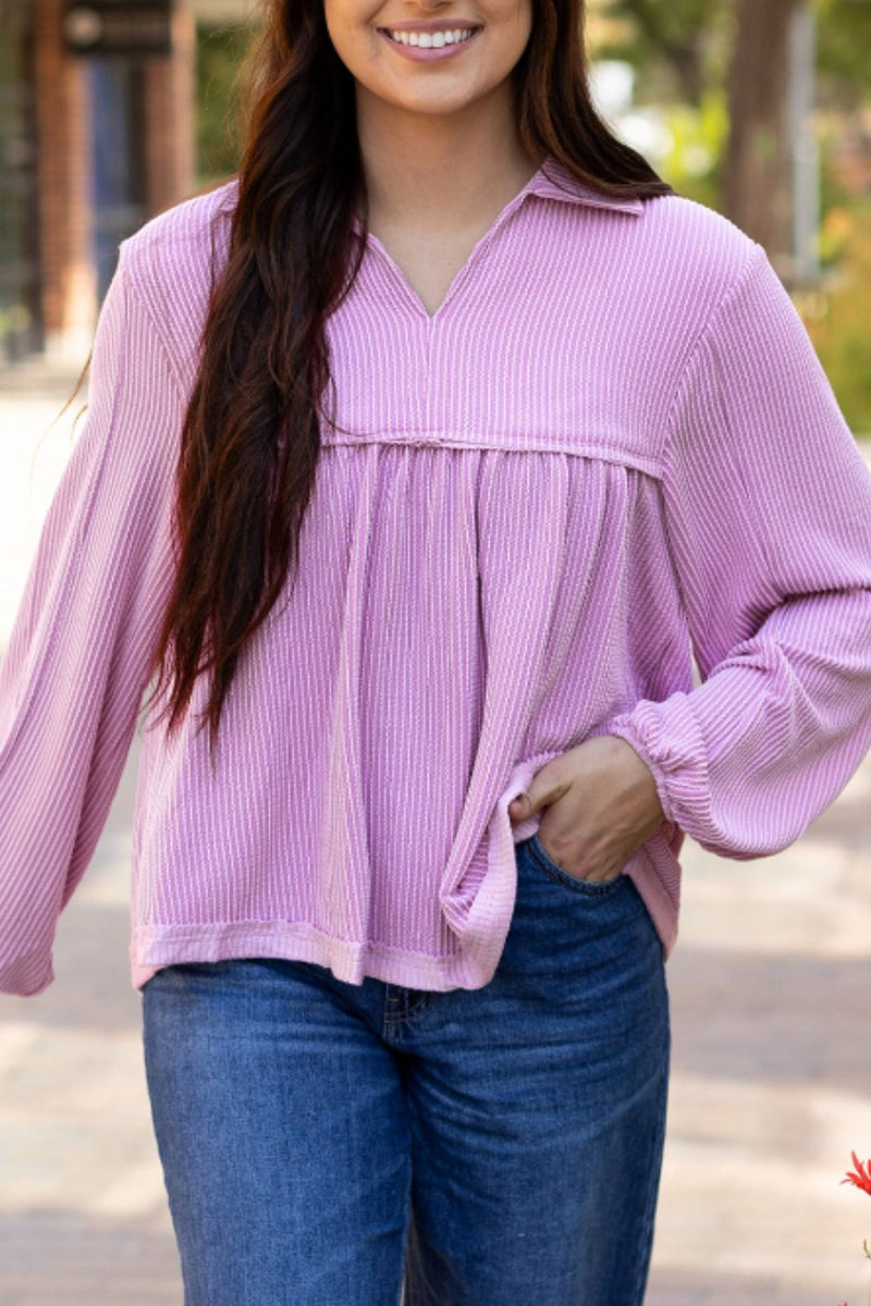 Corded Johnny Collar Long Sleeve Babydoll Blouse Lilac