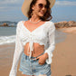 Drawstring Openwork Long Sleeve Cover-Up