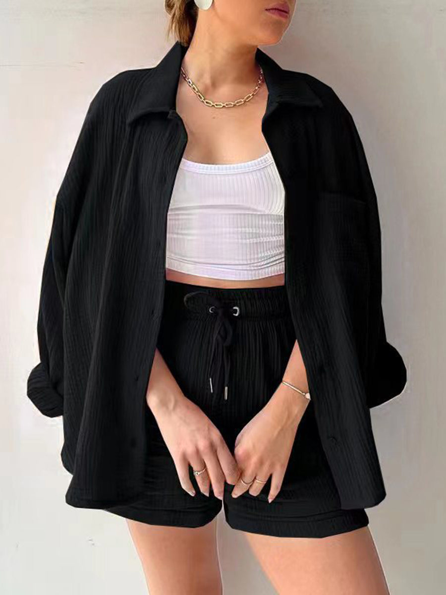 Texture Button Up Shirt and Drawstring Shorts Set Black