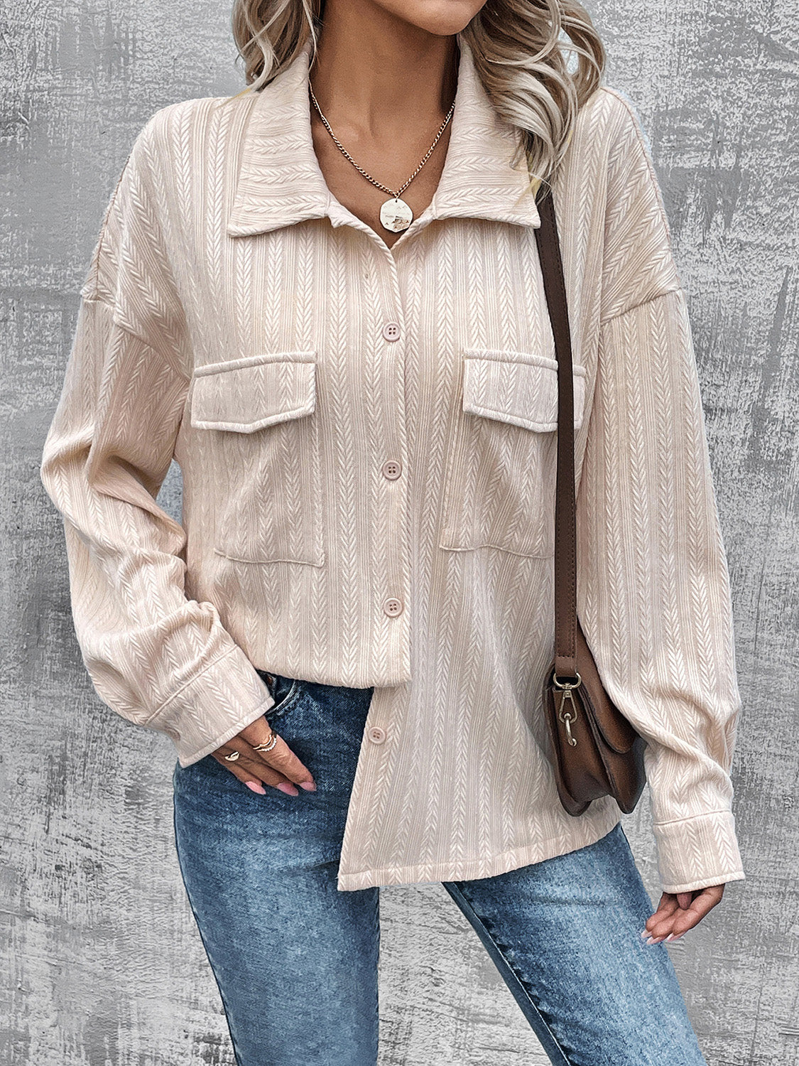 Pocketed Button Up Dropped Shoulder Jacket Beige