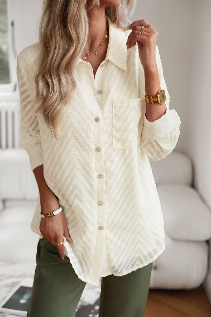 Devine Collared Neck Long Sleeve Pocketed Shirt Ivory