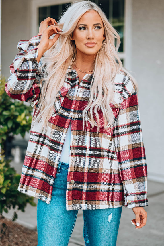 Plaid Button Front Shirt Jacket with Breast Pockets Red