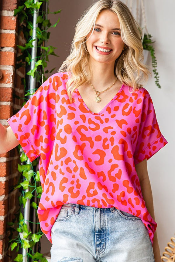 First Love Leopard V-Neck Short Sleeve Woven Top PINK