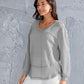 Waffle-Knit V-Neck Blouse with Breast Pocket