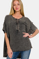 Zenana Washed Texture Half Button T-Shirt Ash Black