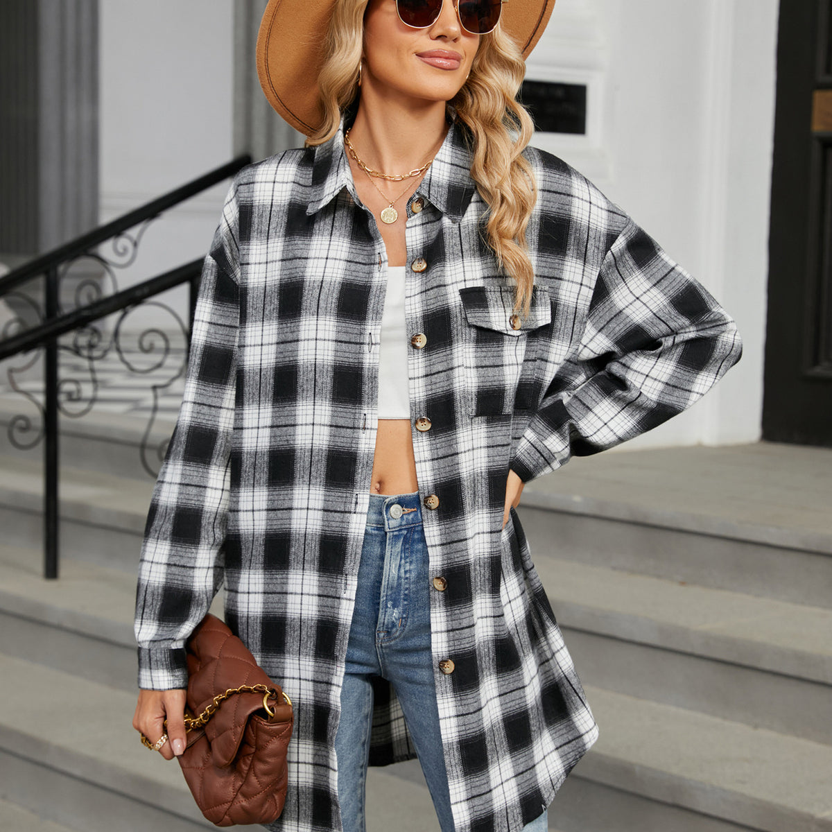 Plaid Collared Neck Long Sleeve Shirt Black