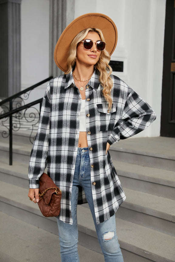 Plaid Collared Neck Long Sleeve Shirt Black