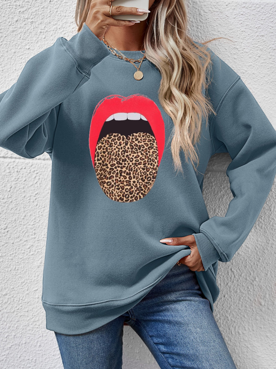 Leopard Lip Graphic Round Neck Sweatshirt Teal
