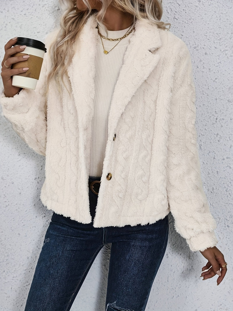 Fuzzy Button Up Collared Neck Jacket Cream