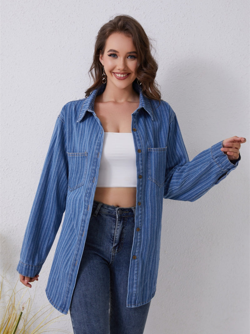 Pocketed Striped Button Up Denim Shirt