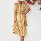 Striped Tie Belt Round Neck Puff Sleeve Dress