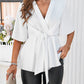 Devine Surplice Tie Waist Half Sleeve Blouse