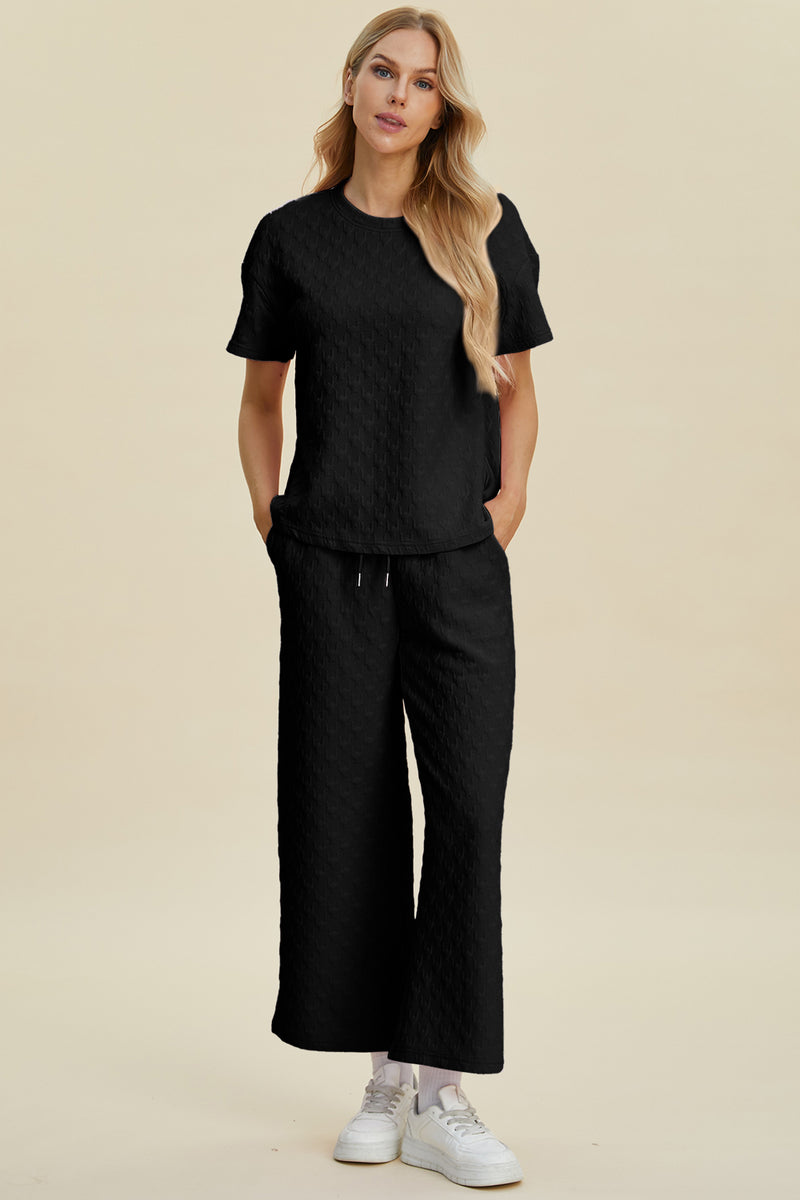 Double Take Full Size Texture Round Neck Short Sleeve Top and Pants Set Black