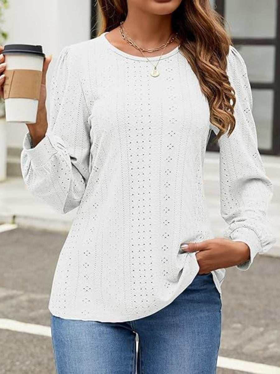 Eyelet Round Neck Long Sleeve Top White