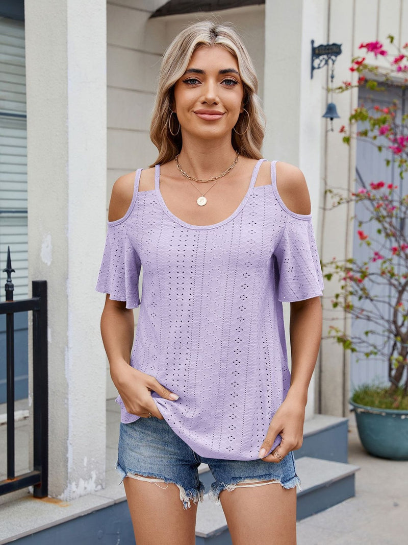 Florira Round Neck Cold Shoulder Eyelet T-Shirt Lavender