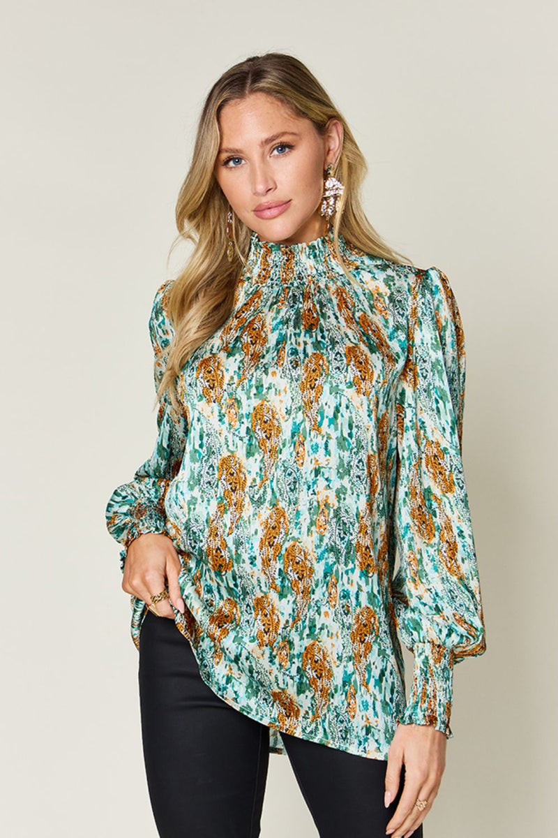 Double Take Full Size Printed Smocked Long Sleeve Blouse Green