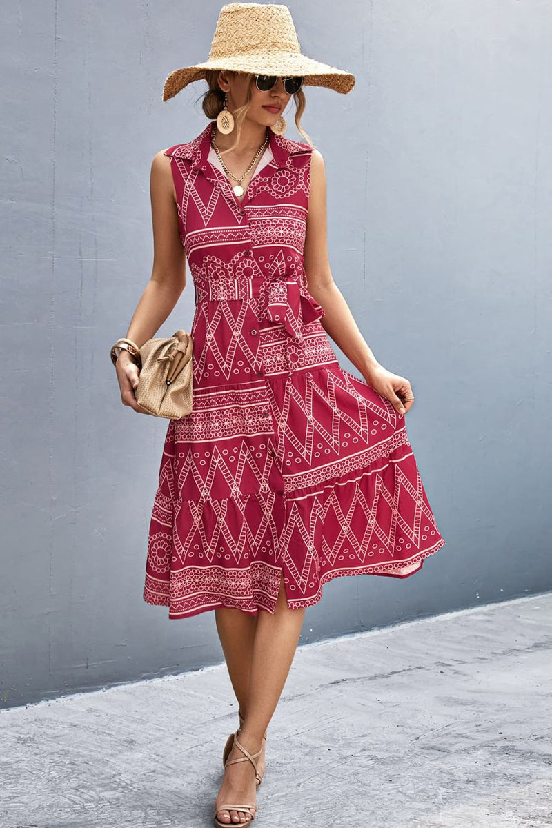 Printed Button Front Tie-Waist Sleeveless Collared Dress Deep Red