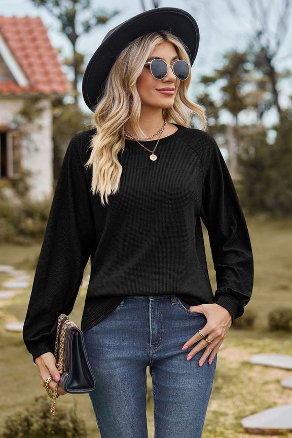 Round Neck Raglan Sleeve Sweatshirt Black