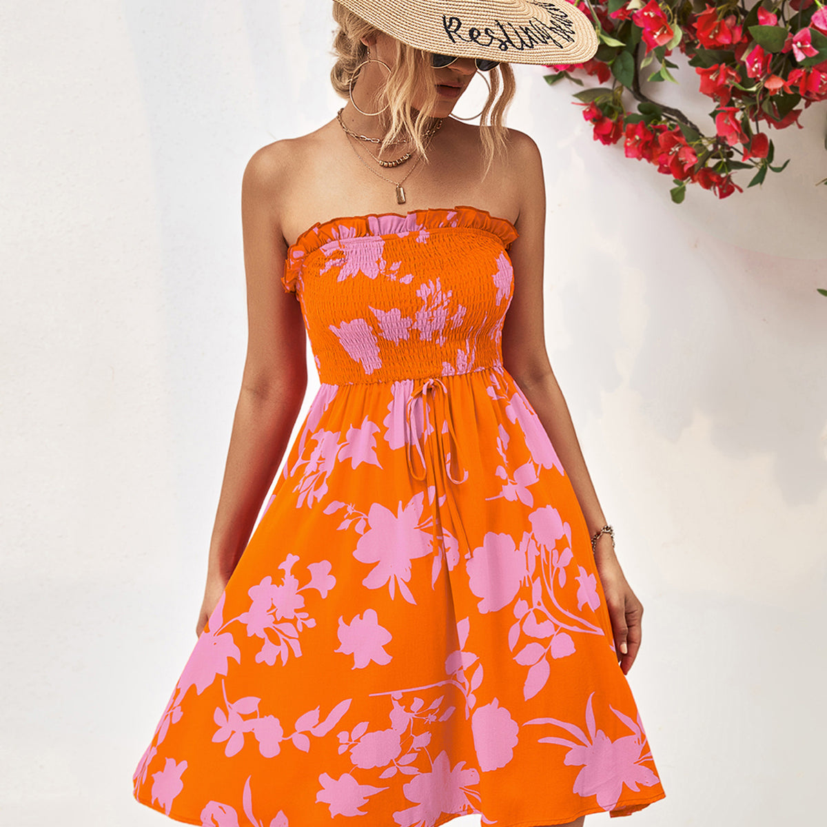 Floral Frill Trim Strapless Smocked Dress Orange