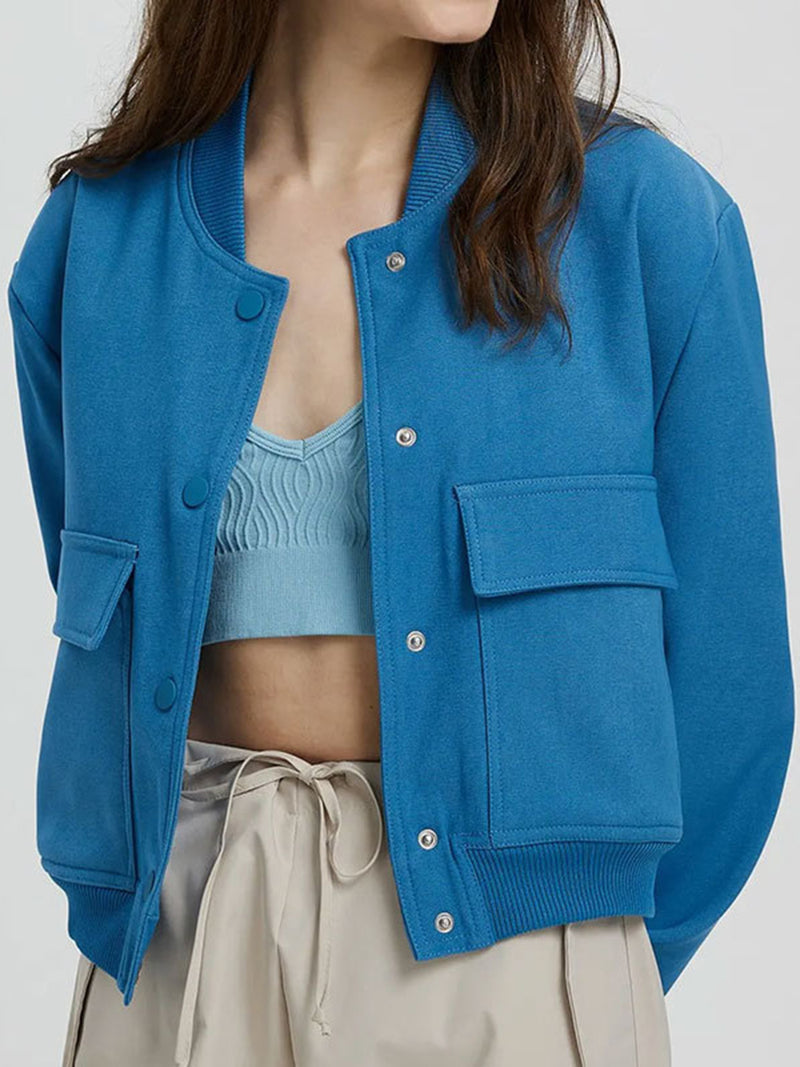 Pocketed Snap Down Baseball Collar Jacket Sky Blue