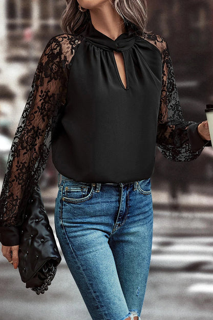 Cutout Lace Detail Long Sleeve Blouse Black
