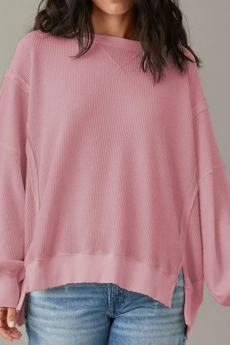 Slit Waffle-Knit Round Neck Long Sleeve Top Dusty Pink
